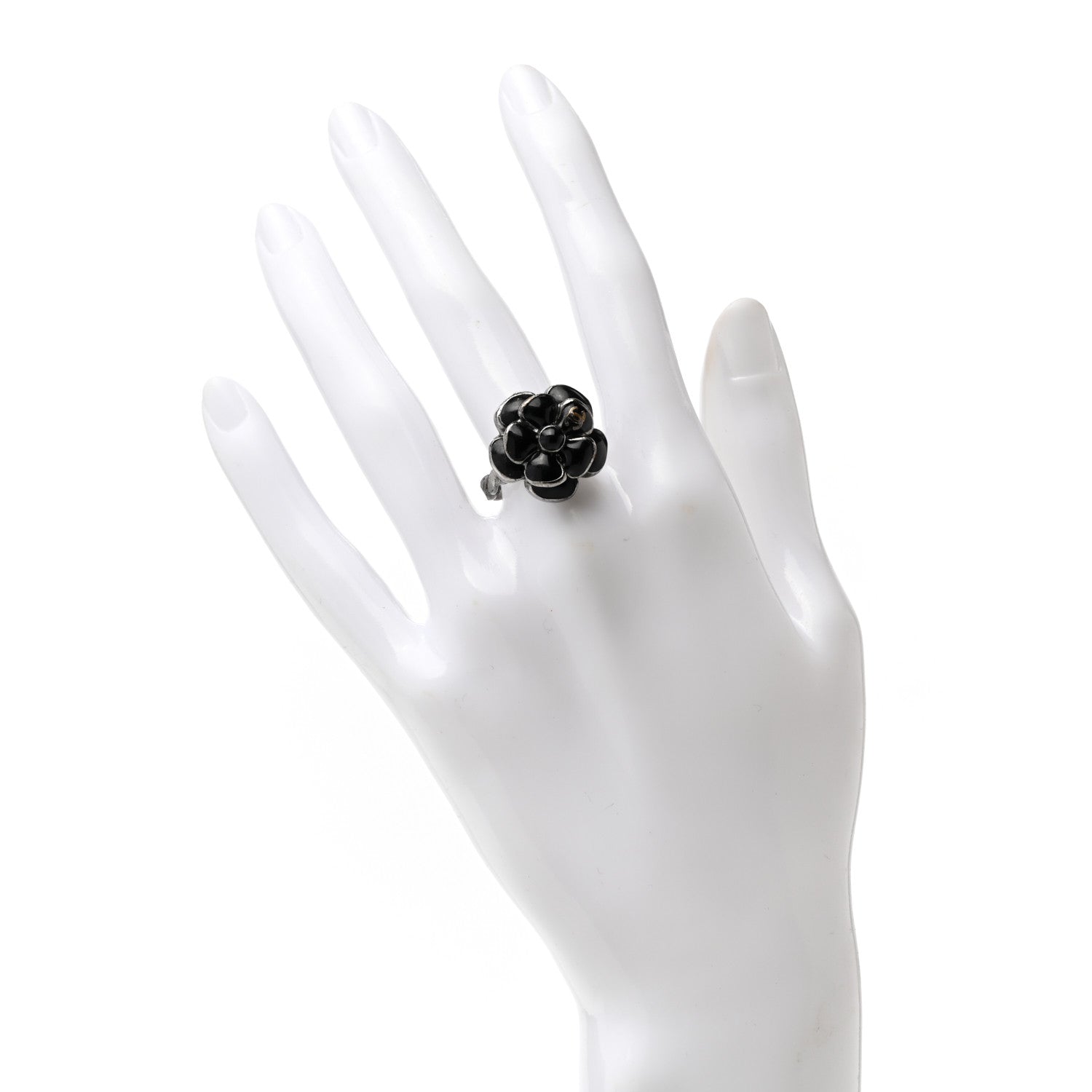 Chanel Enamel Ruthenium CC Camellia Ring 52 6 Black 2 of 4