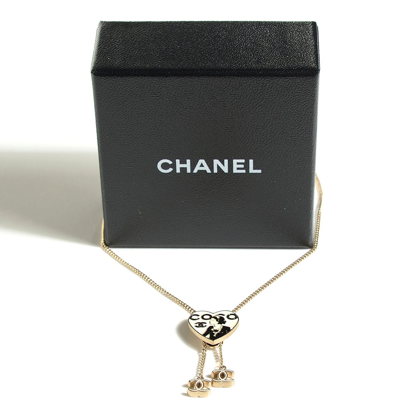 Enamel Coco Heart CC Lariat Necklace Light Gold