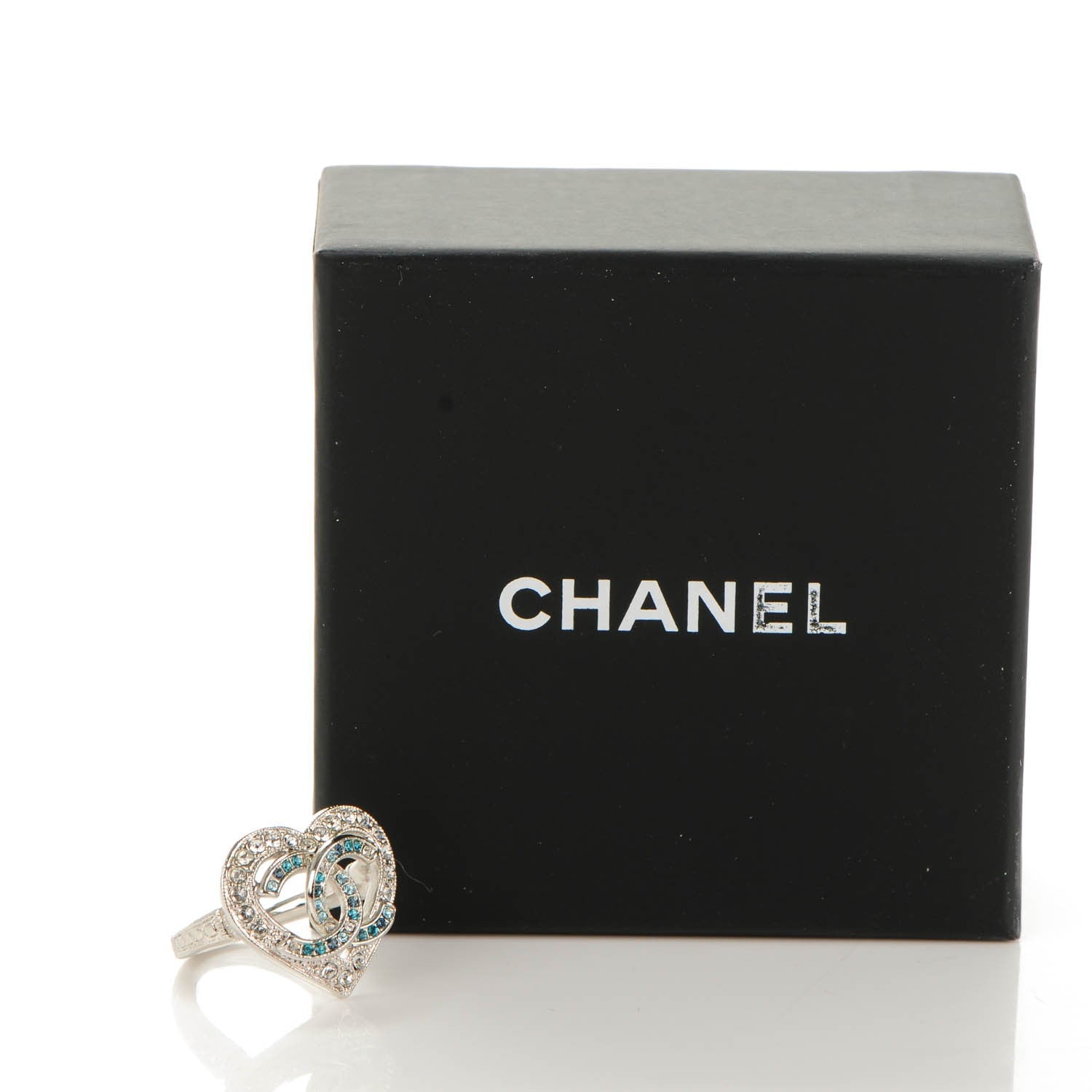 Chanel Crystal CC Heart Ring 52 6.5 Silver Blue 5 of 5