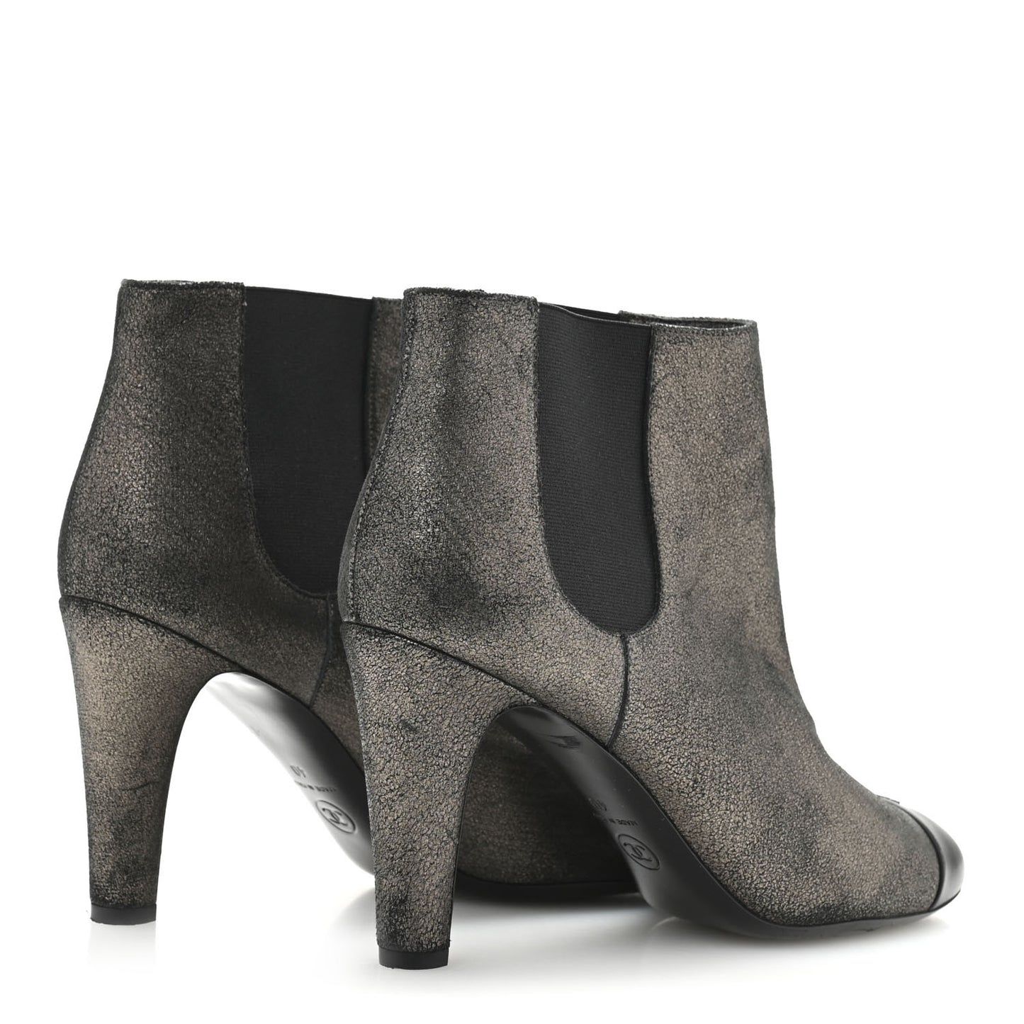 Embossed Lambskin Calfskin CC Cap Toe Ankle Boots 40 Argent Fonce Black