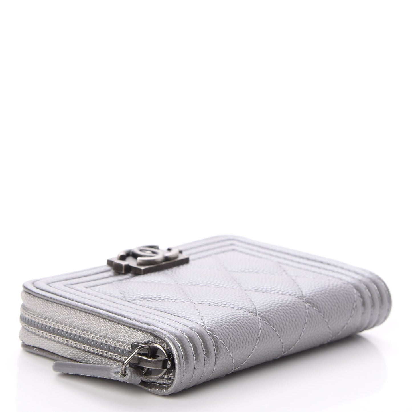 Metallic Caviar Quilted Boy Zip Around Coin Purse Wallet Silver