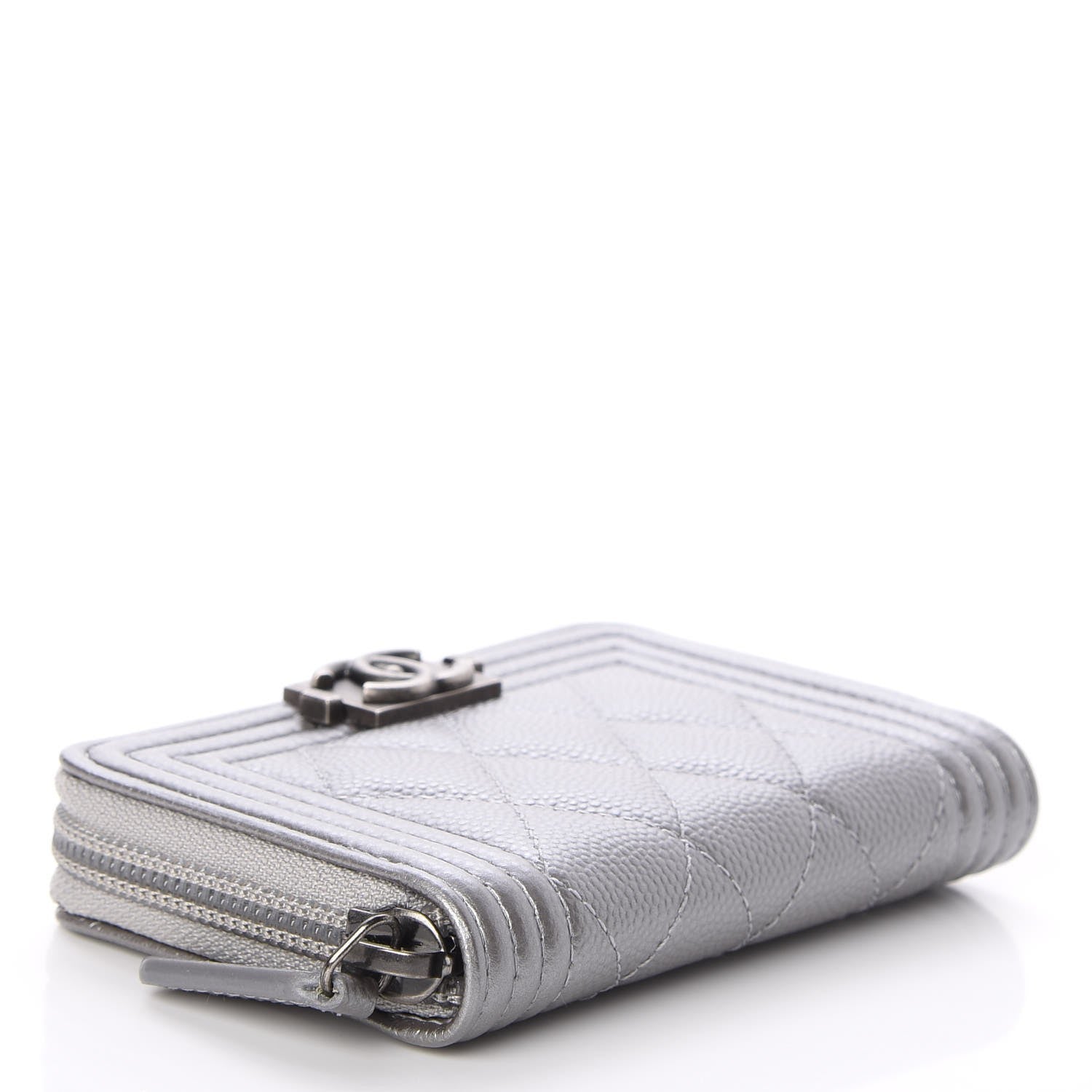 Chanel Metallic Caviar Quilted Boy Zip Around Coin Purse Wallet Silver 5 of 9