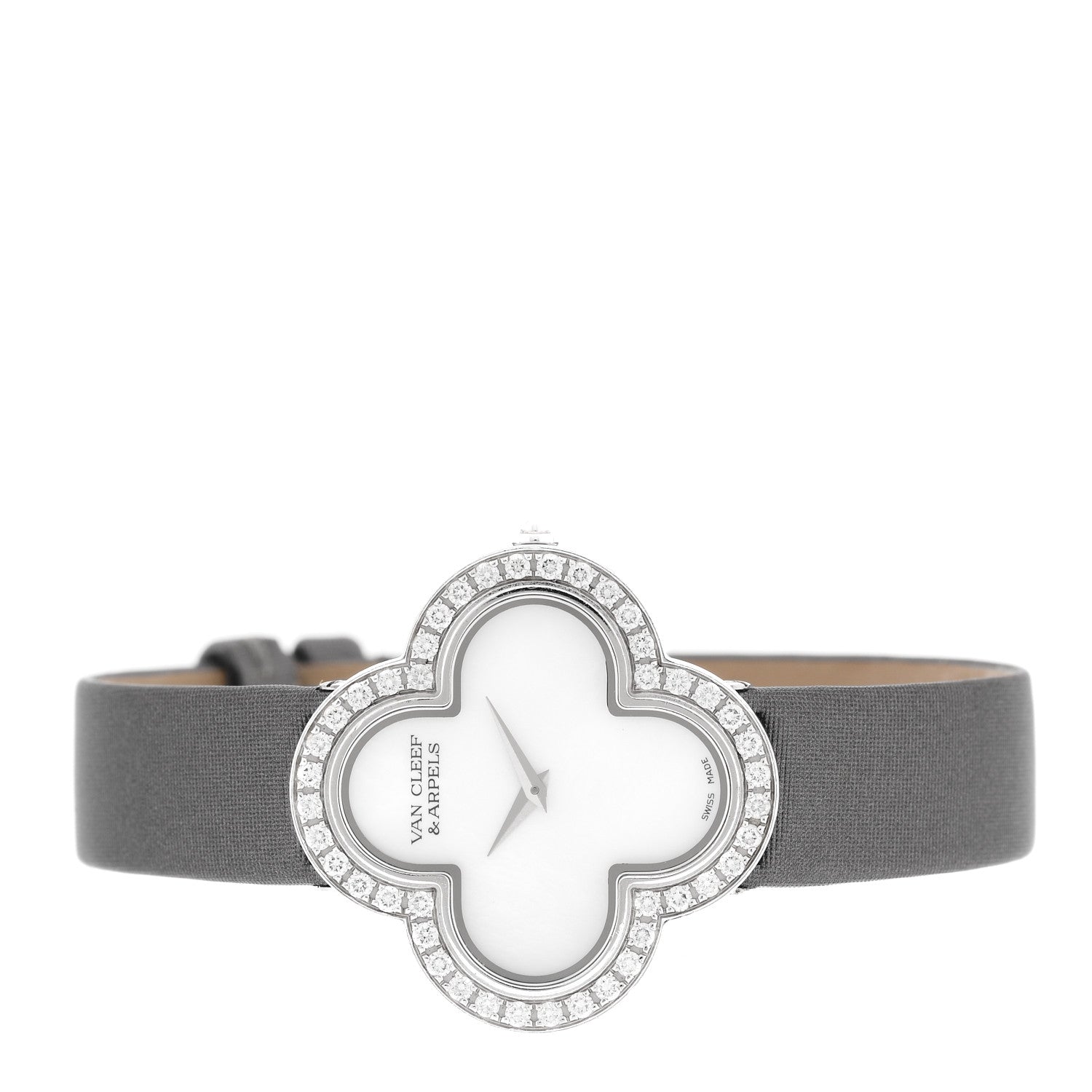 Van Cleef & Arpels 18K White Gold Satin Diamond Bezel Mother of Pearl 30mm Alhambra Quartz Watch 2 of 5