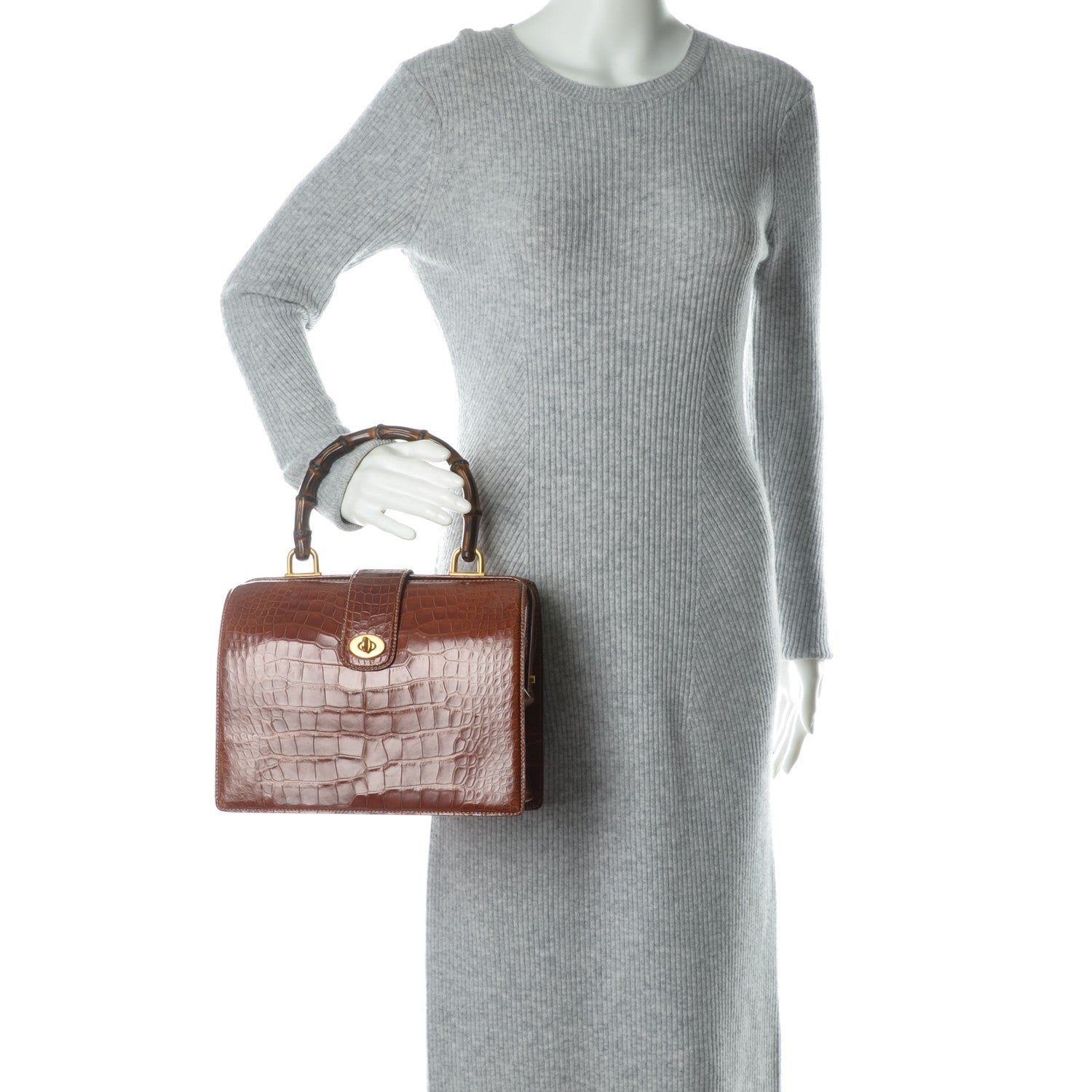Gucci Alligator Bamboo Top Handle Bag Brown 2 of 7
