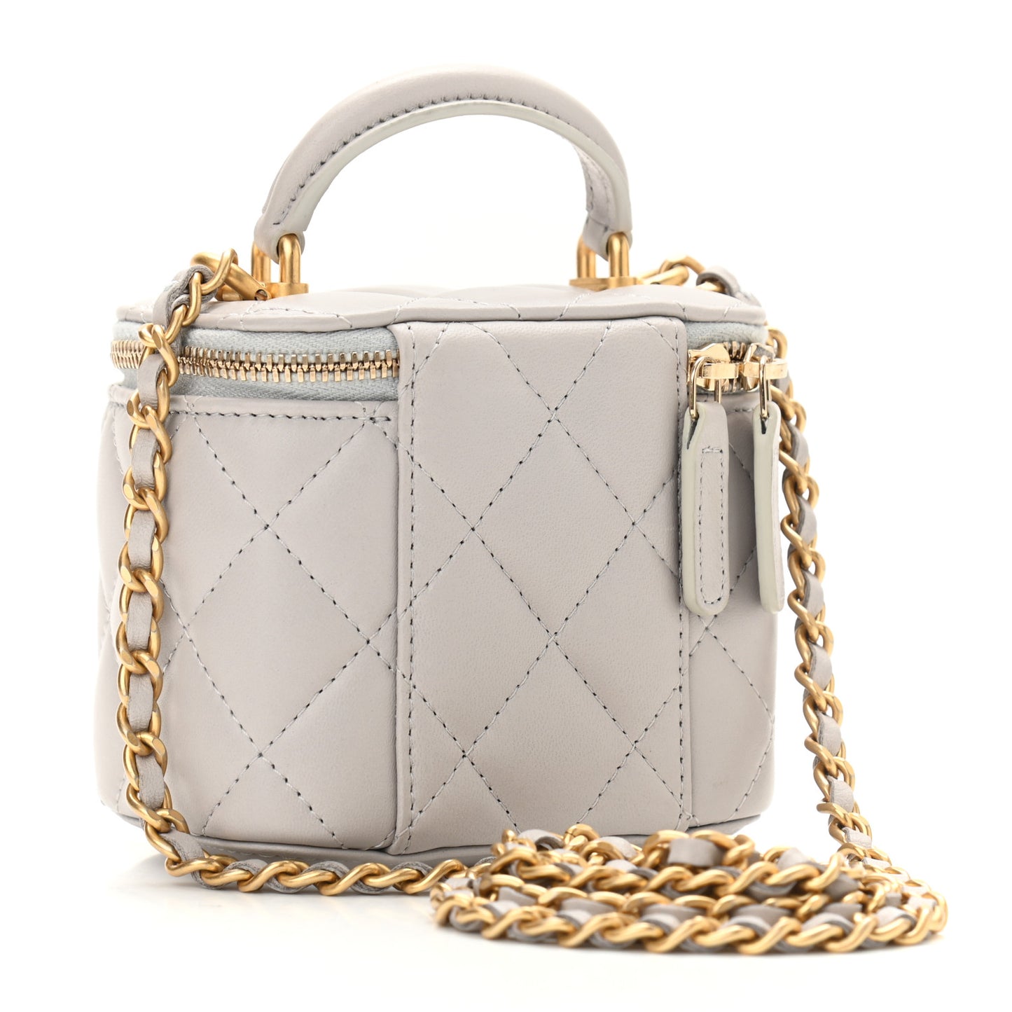 Lambskin Quilted Top Handle Mini Vanity Case With Chain Grey