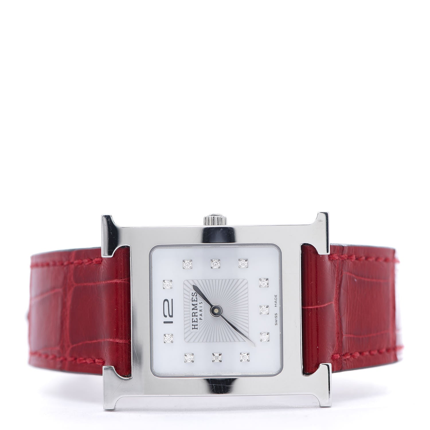 Hermes Stainless Steel Alligator Diamond Mother of Pearl 26mm Heure H Hour Quartz Watch Braise 3 of 10