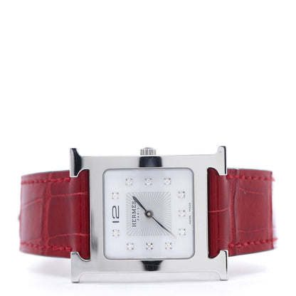 Hermes Stainless Steel Alligator Diamond Mother of Pearl 26mm Heure H Hour Quartz Watch Braise 3 of 10