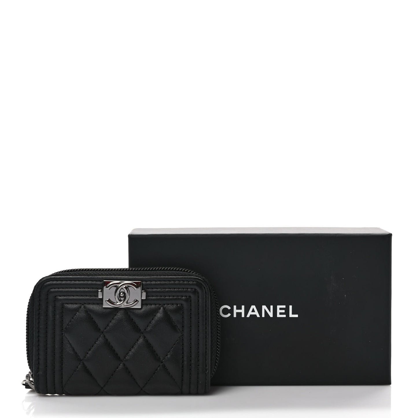 Lambskin Quilted Zip Around Boy Coin Purse Wallet Black