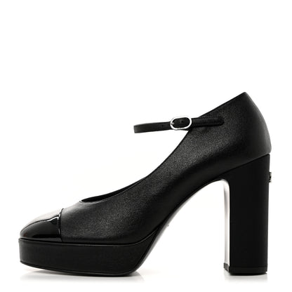 Chanel Lambskin Patent Cap Toe Mary Jane Platform Pumps 38.5 Black 1 of 9