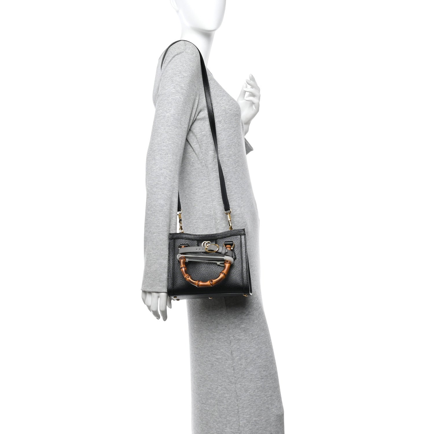 Gucci Textured Dollar Calfskin Web Mini Diana Tote Bag Black Dusty Grey 2 of 11