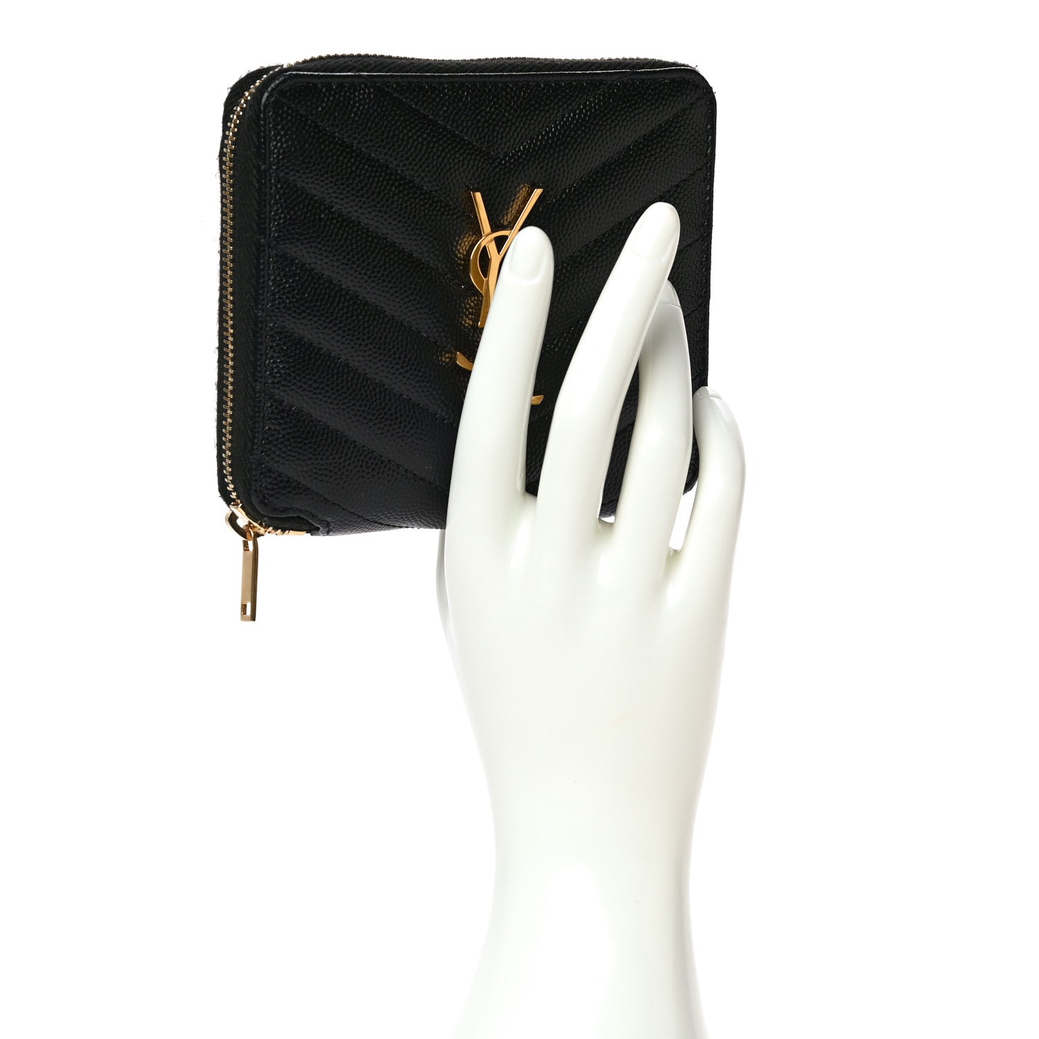 Saint Laurent Grain De Poudre Matelasse Chevron Monogram Compact Zip Around Wallet Black 2 of 21