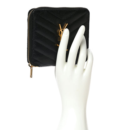 Saint Laurent Grain De Poudre Matelasse Chevron Monogram Compact Zip Around Wallet Black 2 of 21