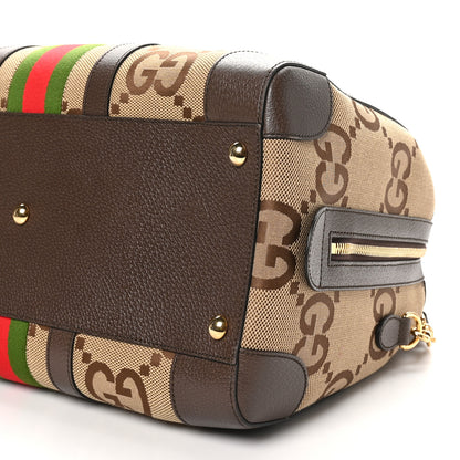 Gucci Monogram Jumbo GG Textured Dollar Calfskin Web Medium Duffle Bag Camel Ebony 9 of 9