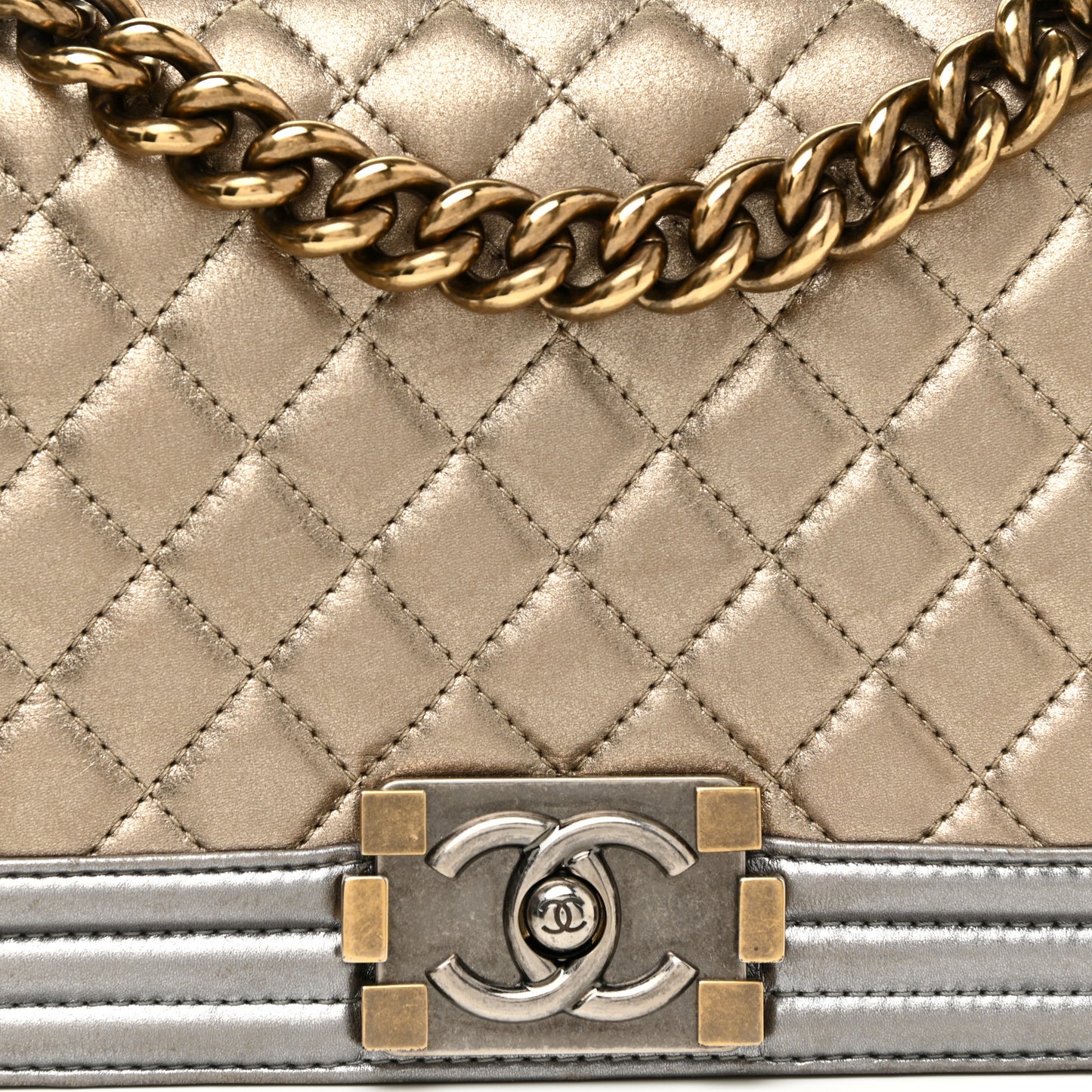 Metallic Calfskin Quilted Medium Boy Flap Khaki