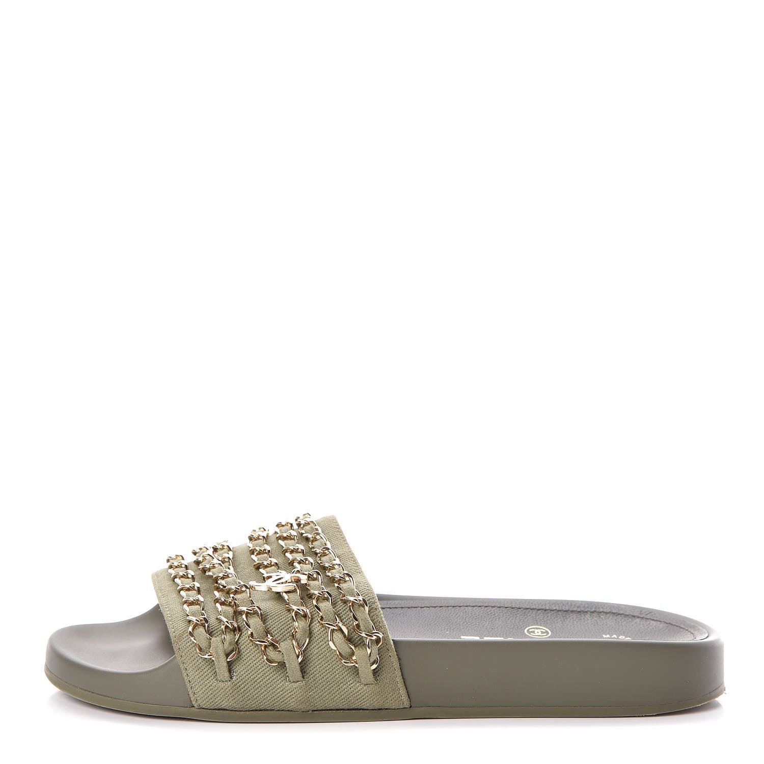 Chanel Canvas Chain Flat Sandals 37 Khaki 1 of 9