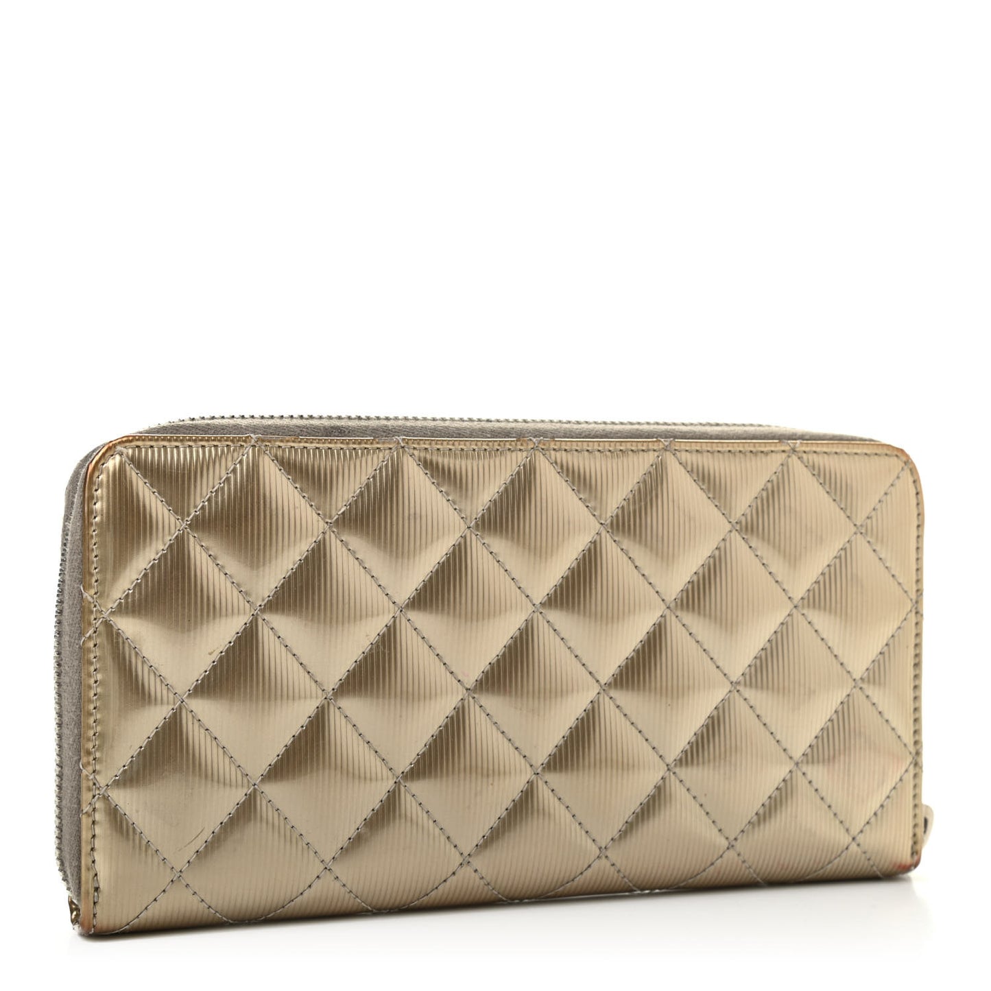 Striated Patent Zip Around Wallet Gold