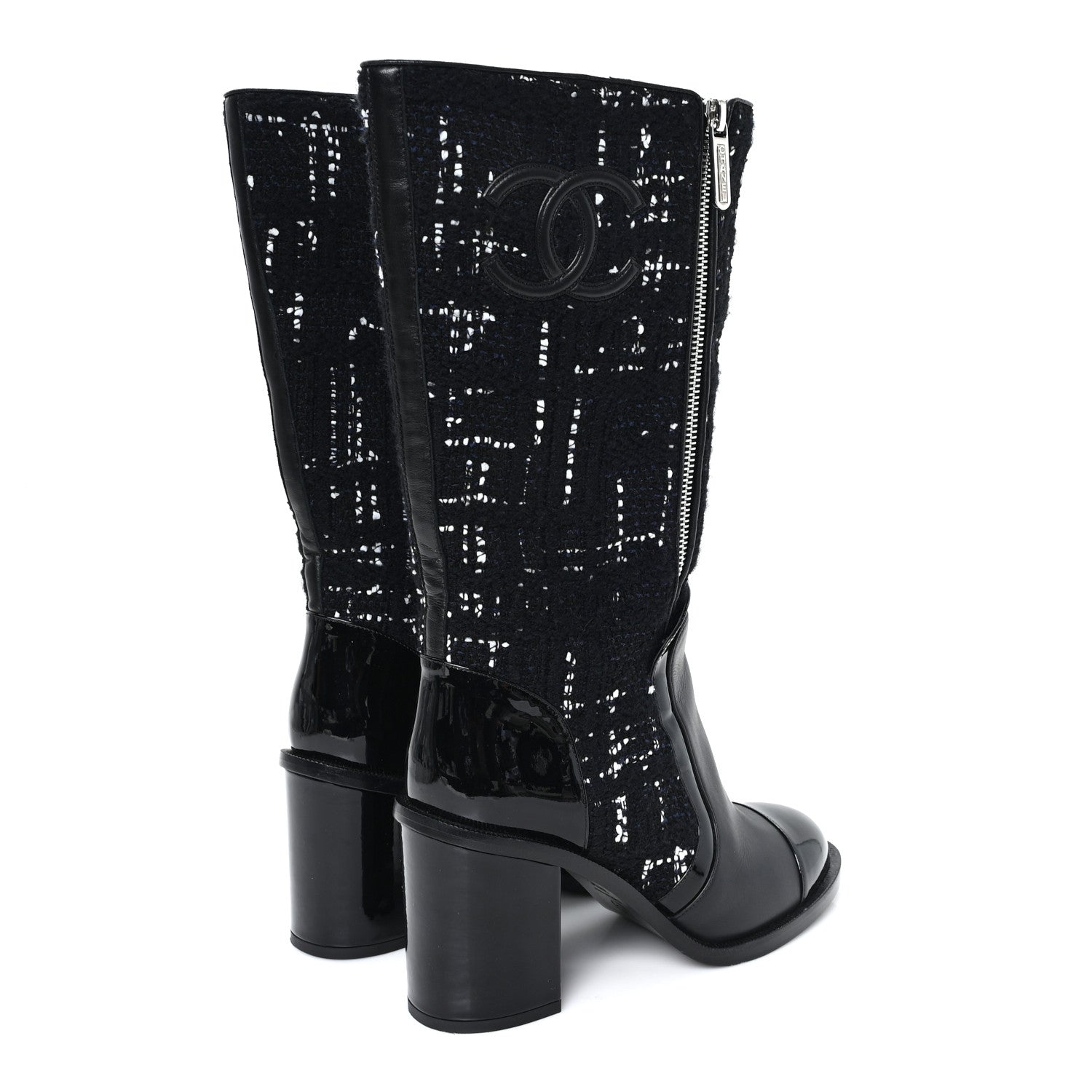 Chanel Tweed Calfskin Patent Cap Toe CC High Boots 37.5 Black Navy White 5 of 10