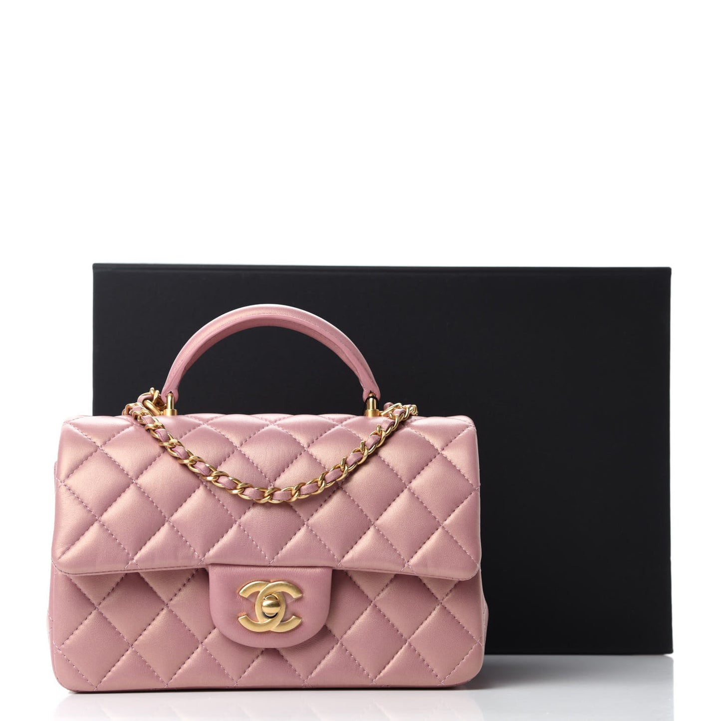 Iridescent Lambskin Quilted Mini Top Handle Rectangular Flap Pink