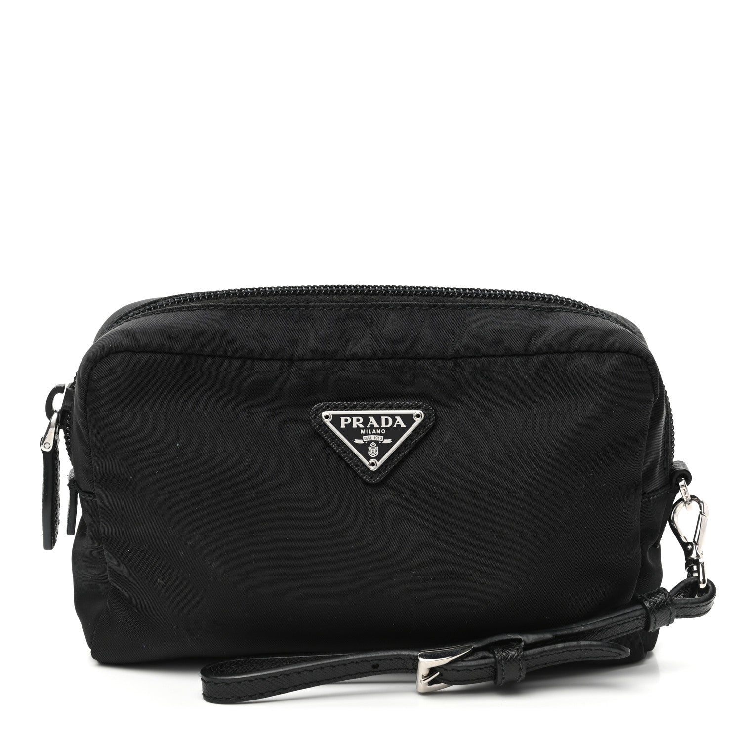 Prada Tessuto Nylon Vela Saffiano Necessaire Wristlet Pouch Black 1 of 9