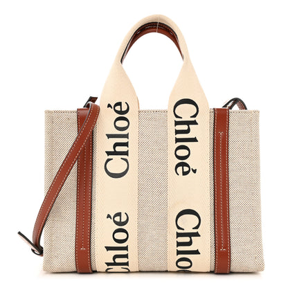 Chloe Cotton Calfskin Small Woody Ribbon Tote With Strap White Brown 1 of 10