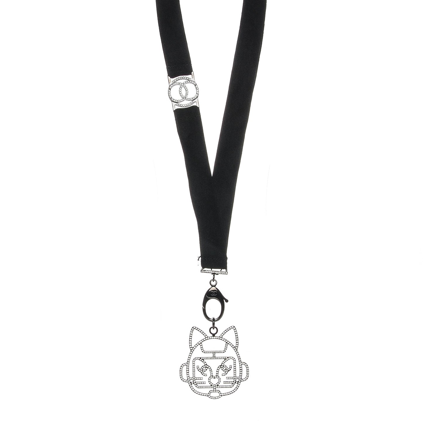 Crystal CC Emoji Robot Cat Lanyard Necklace Black Silver