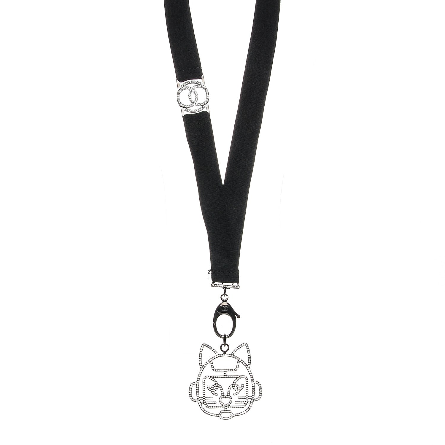 Chanel Crystal CC Emoji Robot Cat Lanyard Necklace Black Silver 1 of 5
