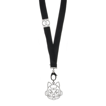 Chanel Crystal CC Emoji Robot Cat Lanyard Necklace Black Silver 1 of 5