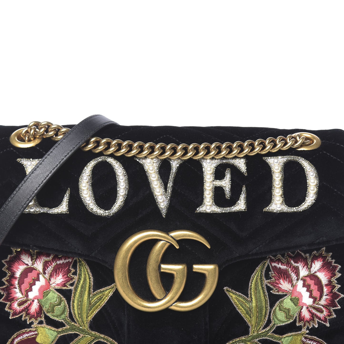 Velvet Matelasse Loved Embroidered Medium GG Marmont Shoulder Bag Black