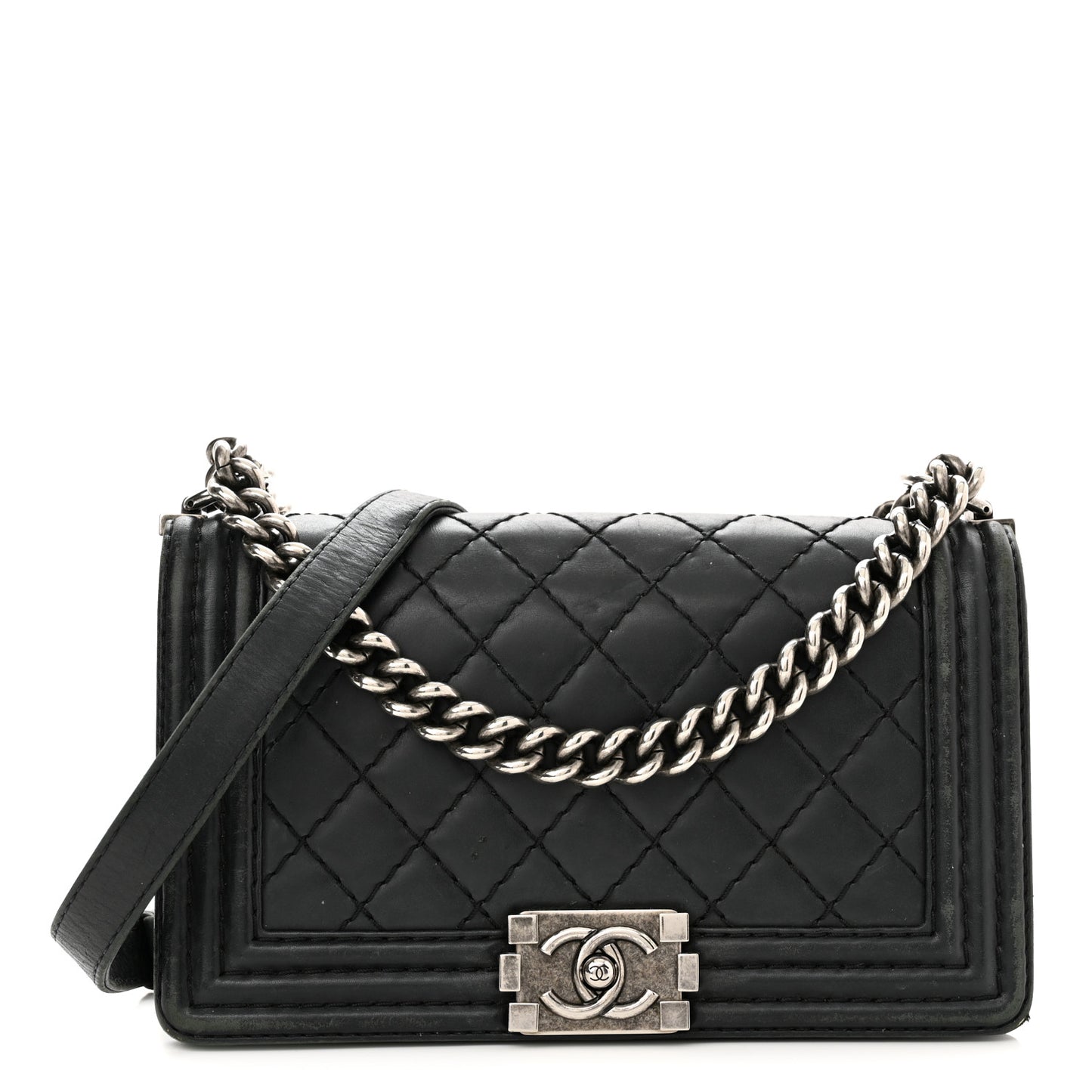 Calfskin Quilted Double Stitch New Medium Boy Flap Black