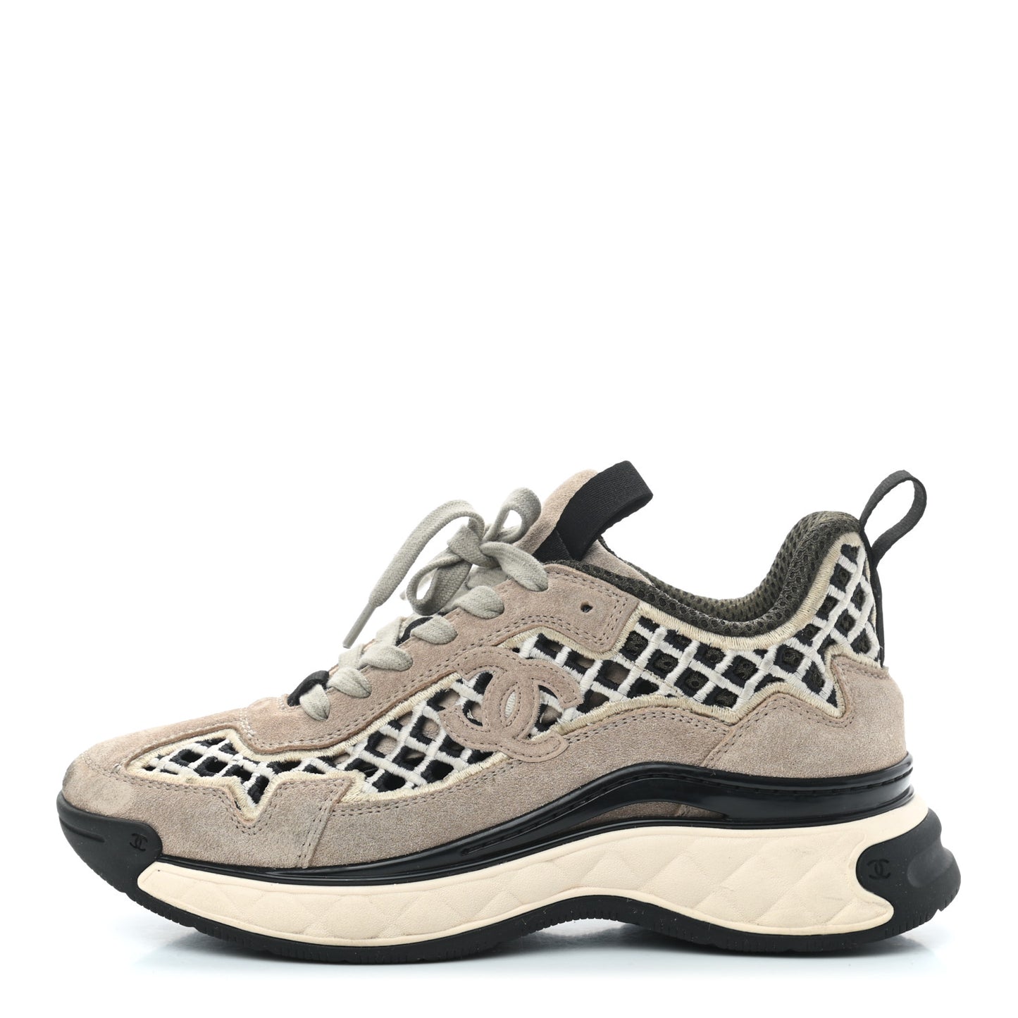 Suede Calfskin Embroidered CC Sneakers 36 Beige Black