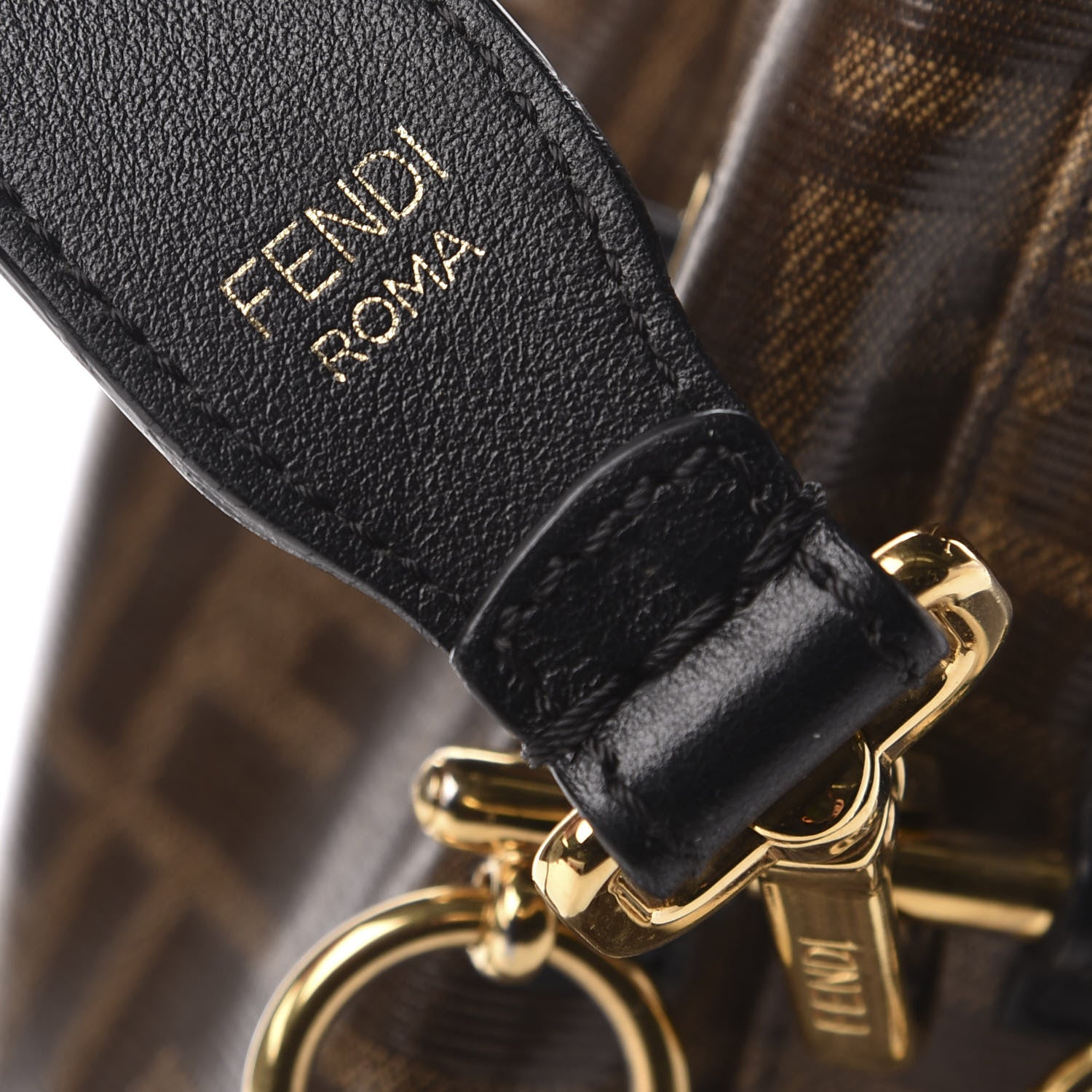 Fendi Glazed Fabric Vitello Grace F is Fendi FF 1974 Stamp Patch Grande Mon Tresor Bucket Bag Mogano Panna Black 8 of 9