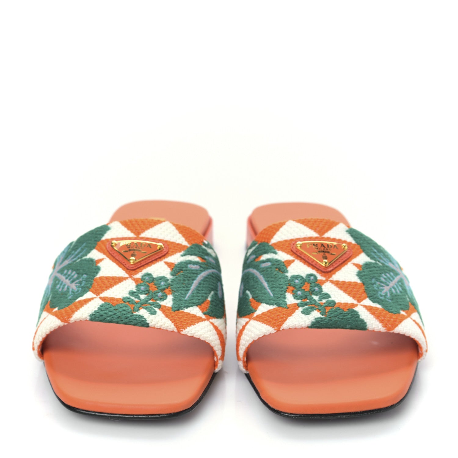 Prada Jacquard Trianglolo Symbole Ibiscus Metal Triangle Logo Embroidered 10mm Slide Sandals 37 Arancio White 2 of 7
