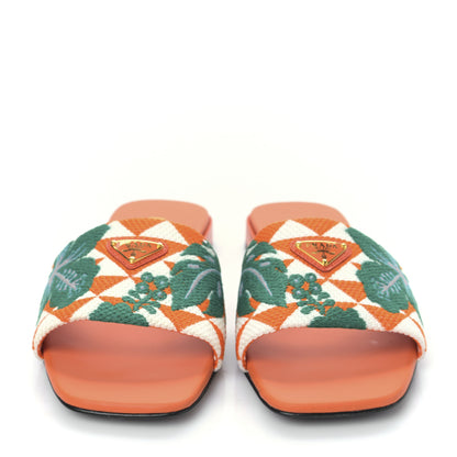 Prada Jacquard Trianglolo Symbole Ibiscus Metal Triangle Logo Embroidered 10mm Slide Sandals 37 Arancio White 2 of 7