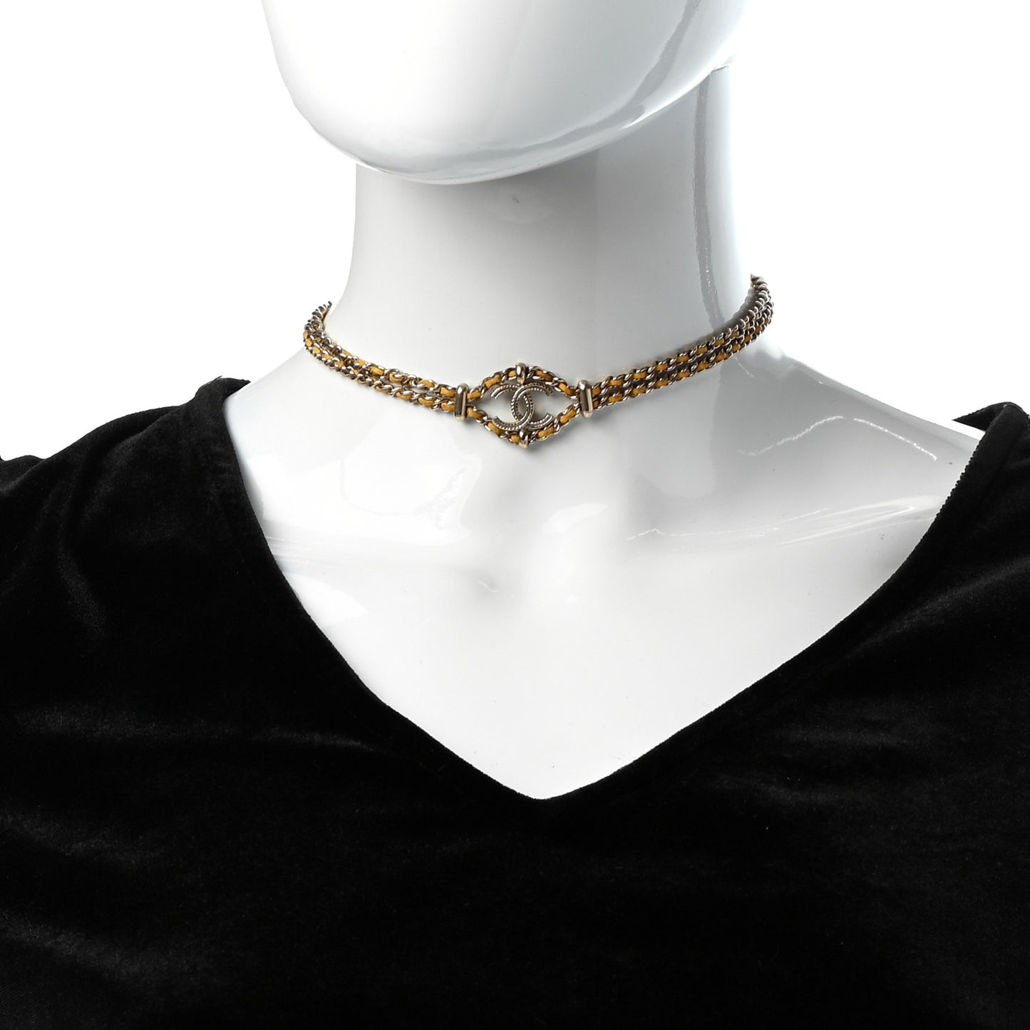 Metal Lambskin CC Chain Link Necklace Gold Yellow