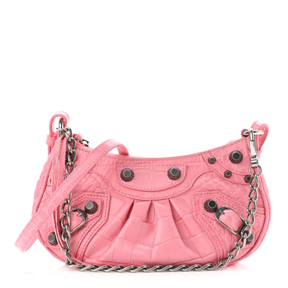 Balenciaga Extra Supple Calfskin Crocodile Embossed Le Cagole Mini Purse With Chain Sweet Pink 1 of 9
