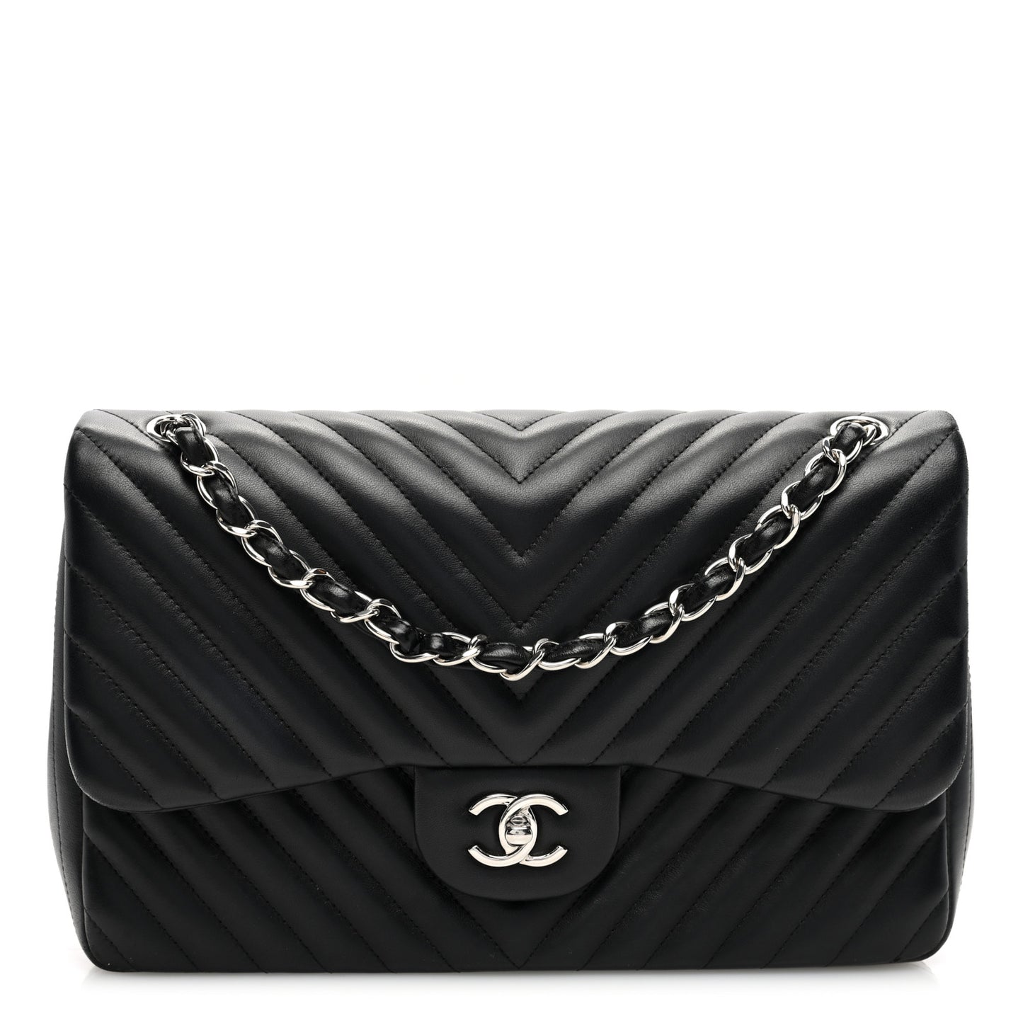 Lambskin Chevron Quilted Jumbo Double Flap Black