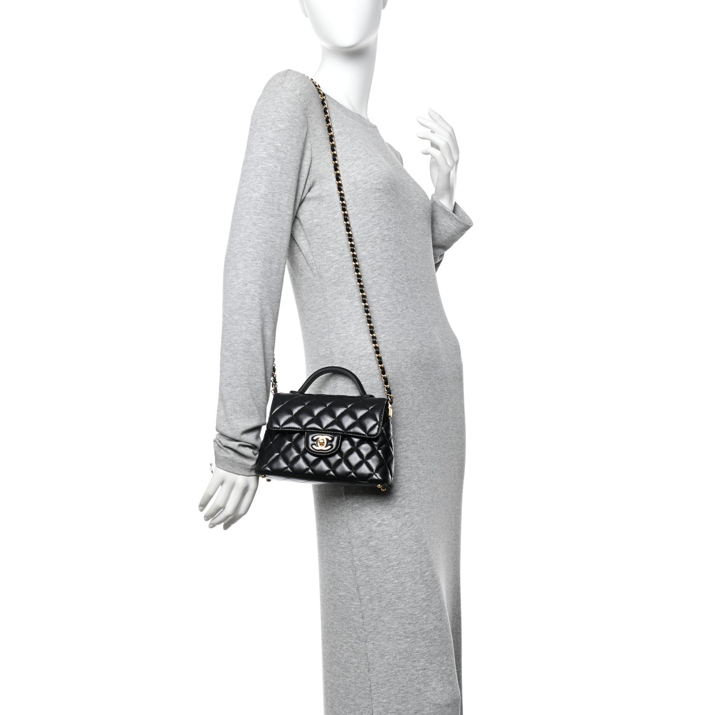 Lambskin Quilted Small Flap Top Handle Bag Black