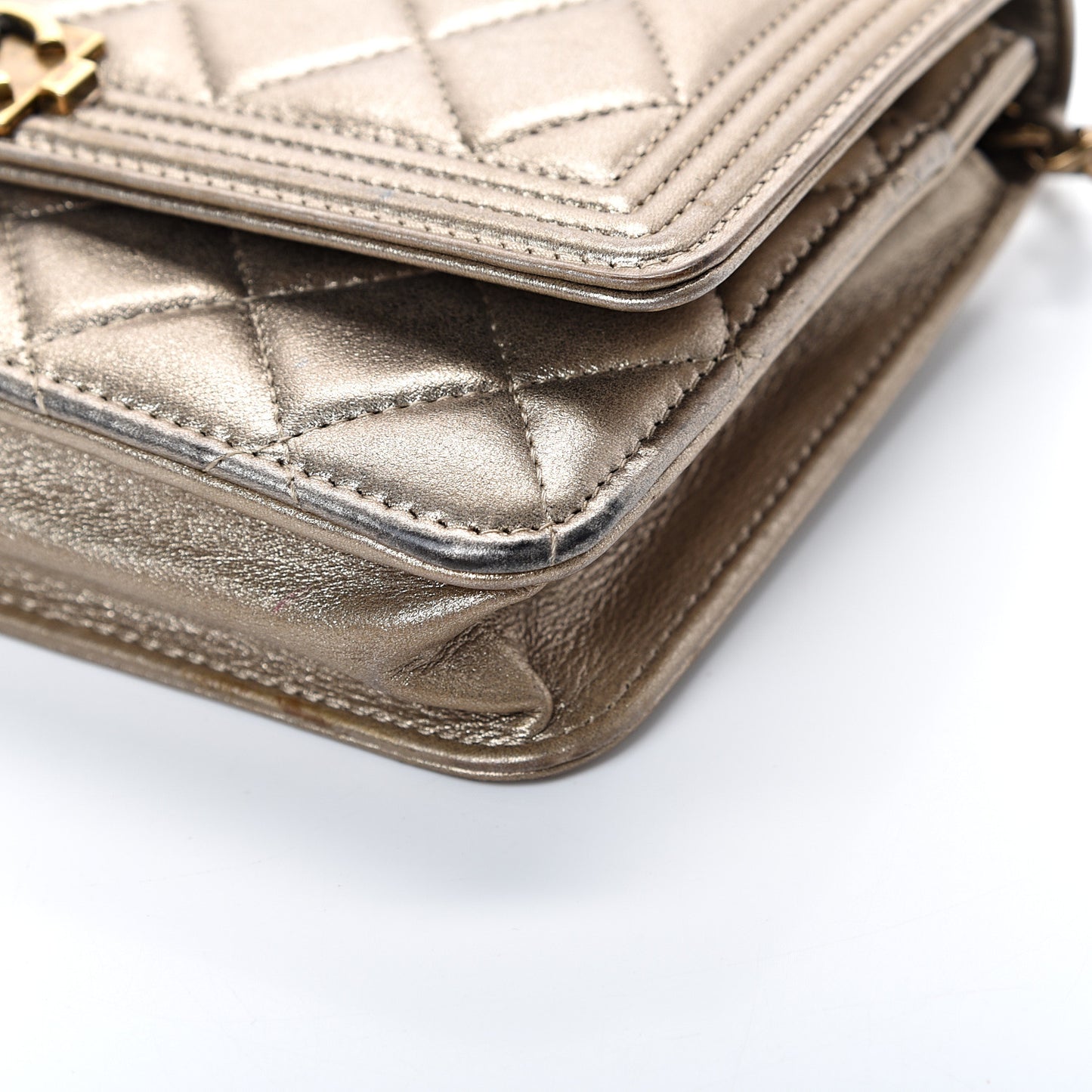 Metallic Calfskin Quilted Boy Wallet On Chain WOC Gold