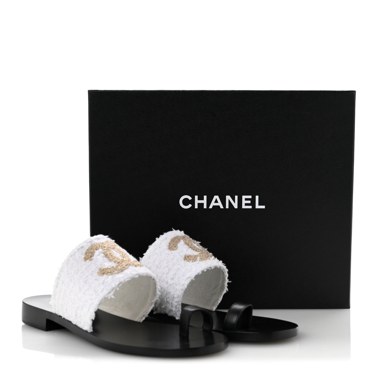 Chanel Cotton Tweed Fabric Lambskin CC Thong Sandal 40 White Gold Black 10 of 10