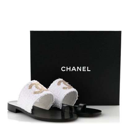 Chanel Cotton Tweed Fabric Lambskin CC Thong Sandal 40 White Gold Black 10 of 10