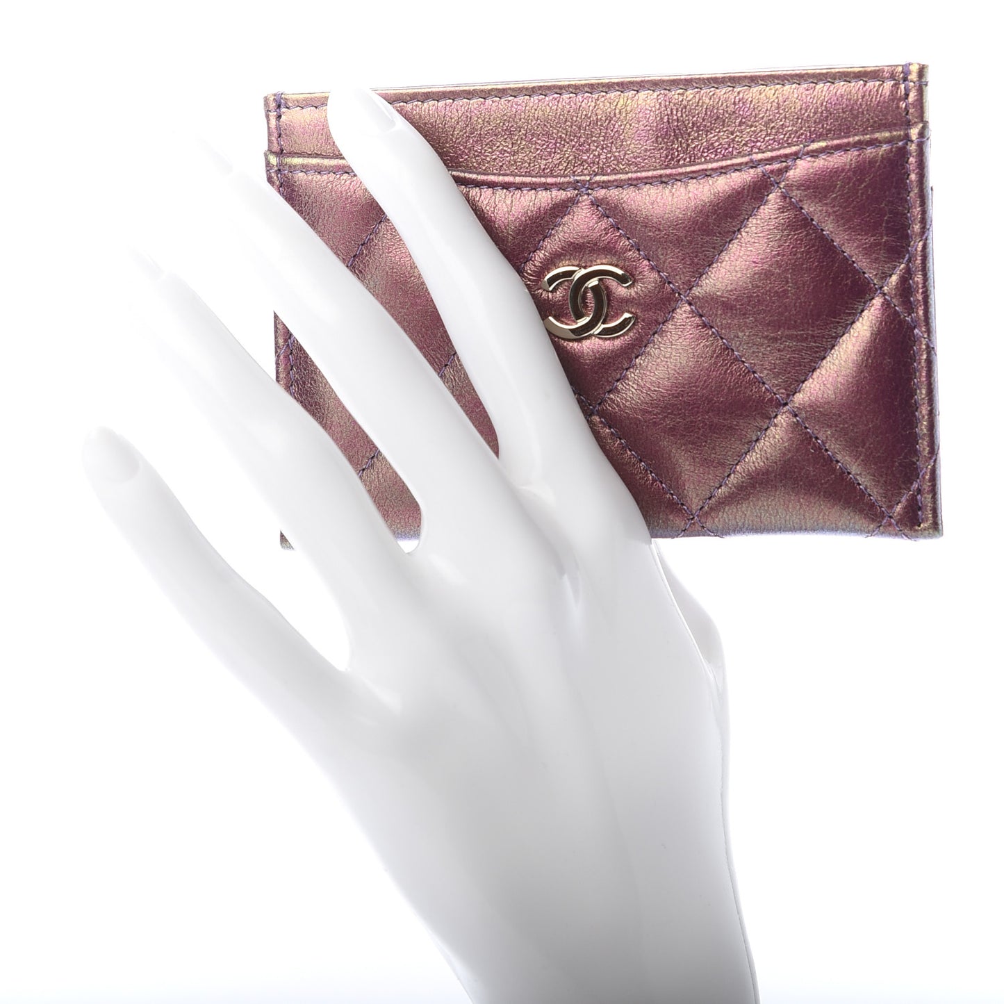 Iridescent Lambskin Quilted Card Holder Purple