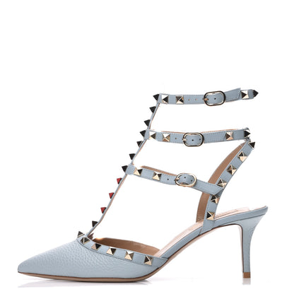 Valentino Garavani Pebbled Calfskin Rockstud Ankle Strap 65mm Pumps 38 Sky Sorbet 1 of 10