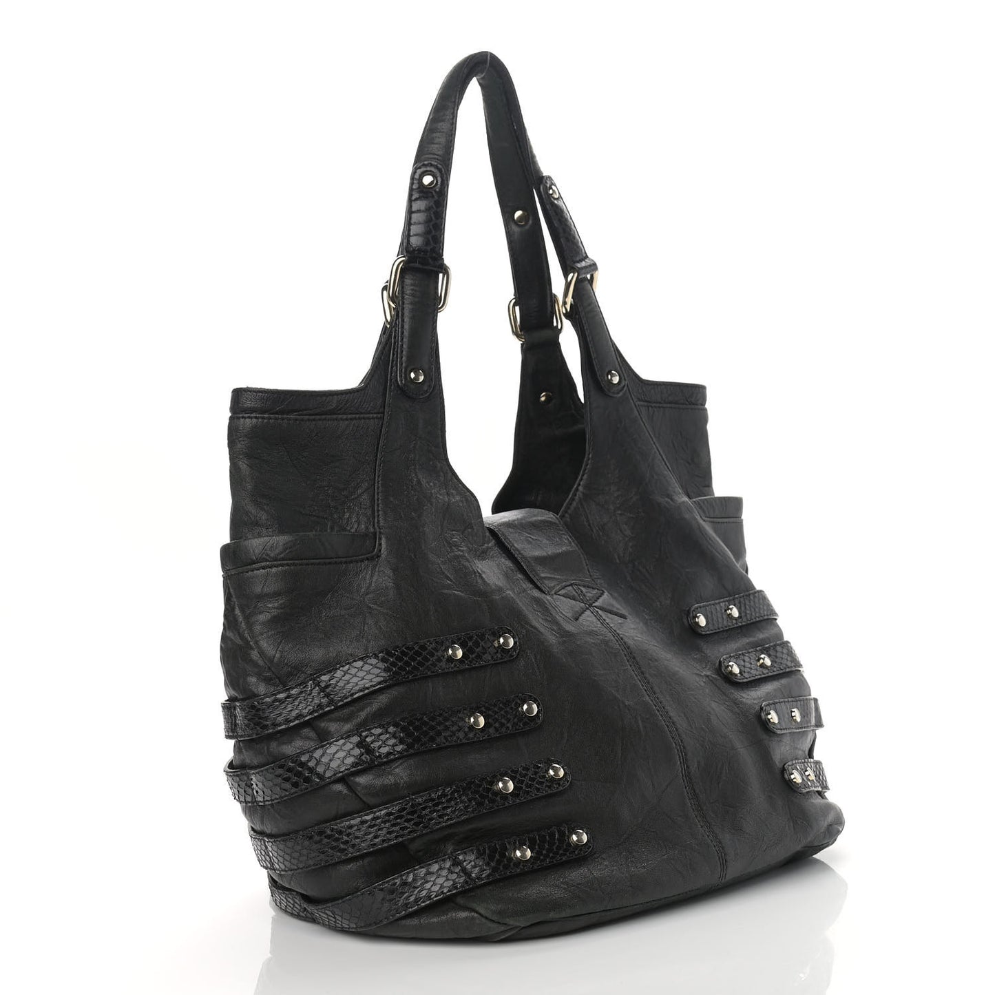 Biker Leather Elaphe Snakeskin Tote Black