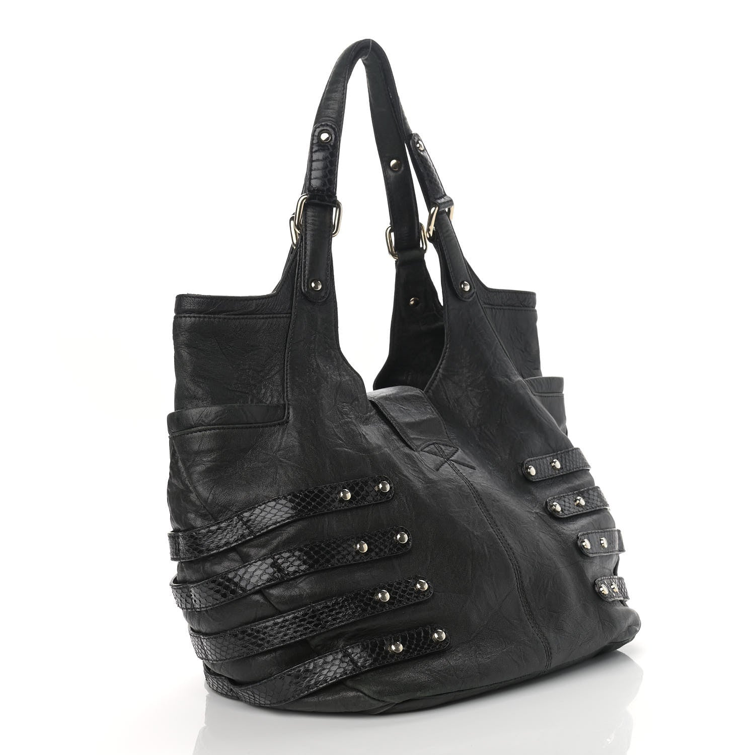 Jimmy Choo Biker Leather Elaphe Snakeskin Tote Black 3 of 15
