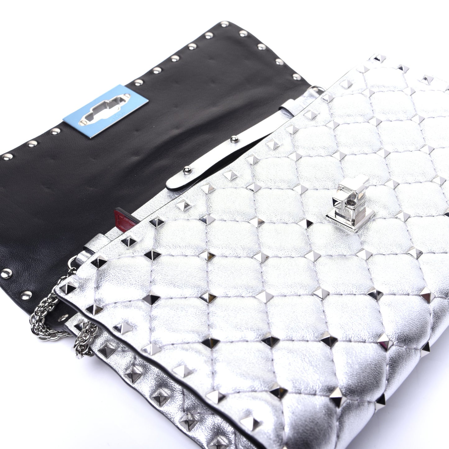 Metallic Lambskin Rockstud Spike Wallet on Chain Silver