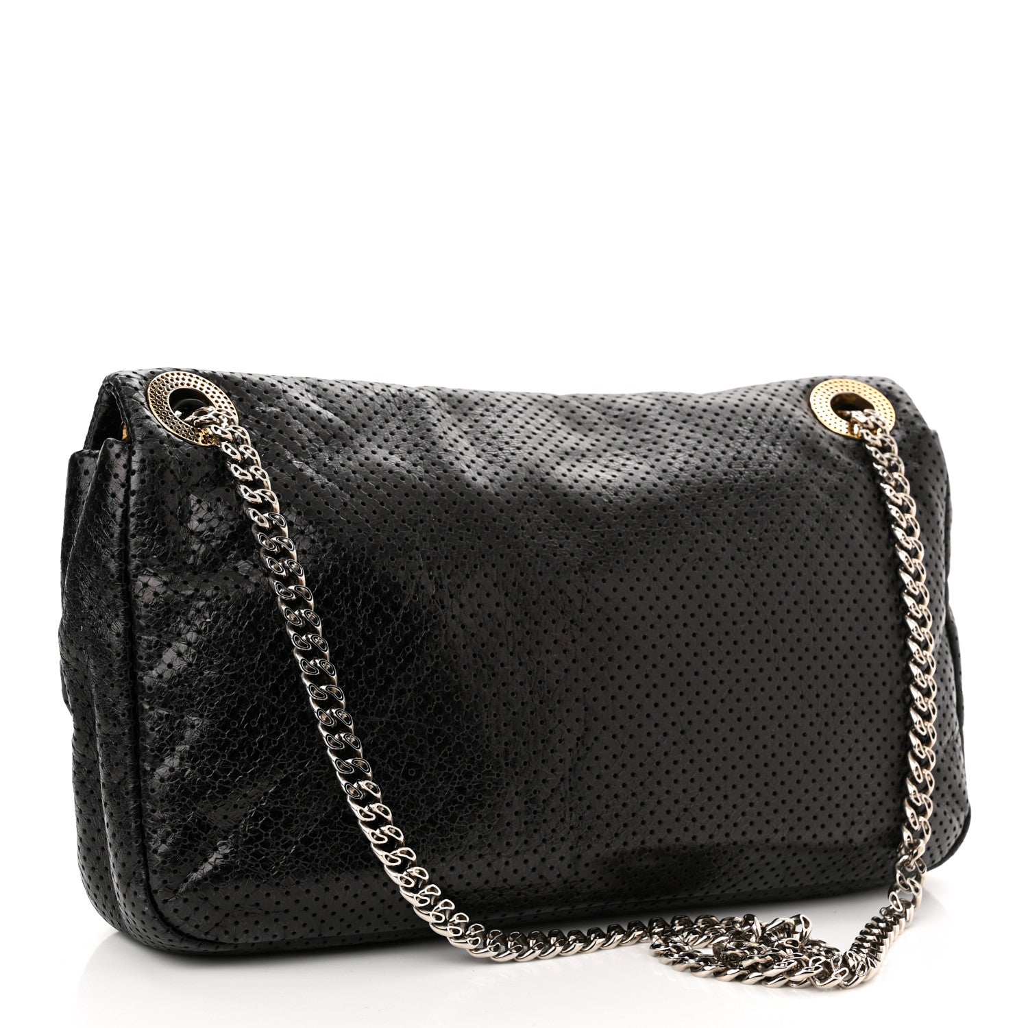 Chanel Metallic Crackled Calfskin Large Perforated Drill Flap Black 3 of 10
