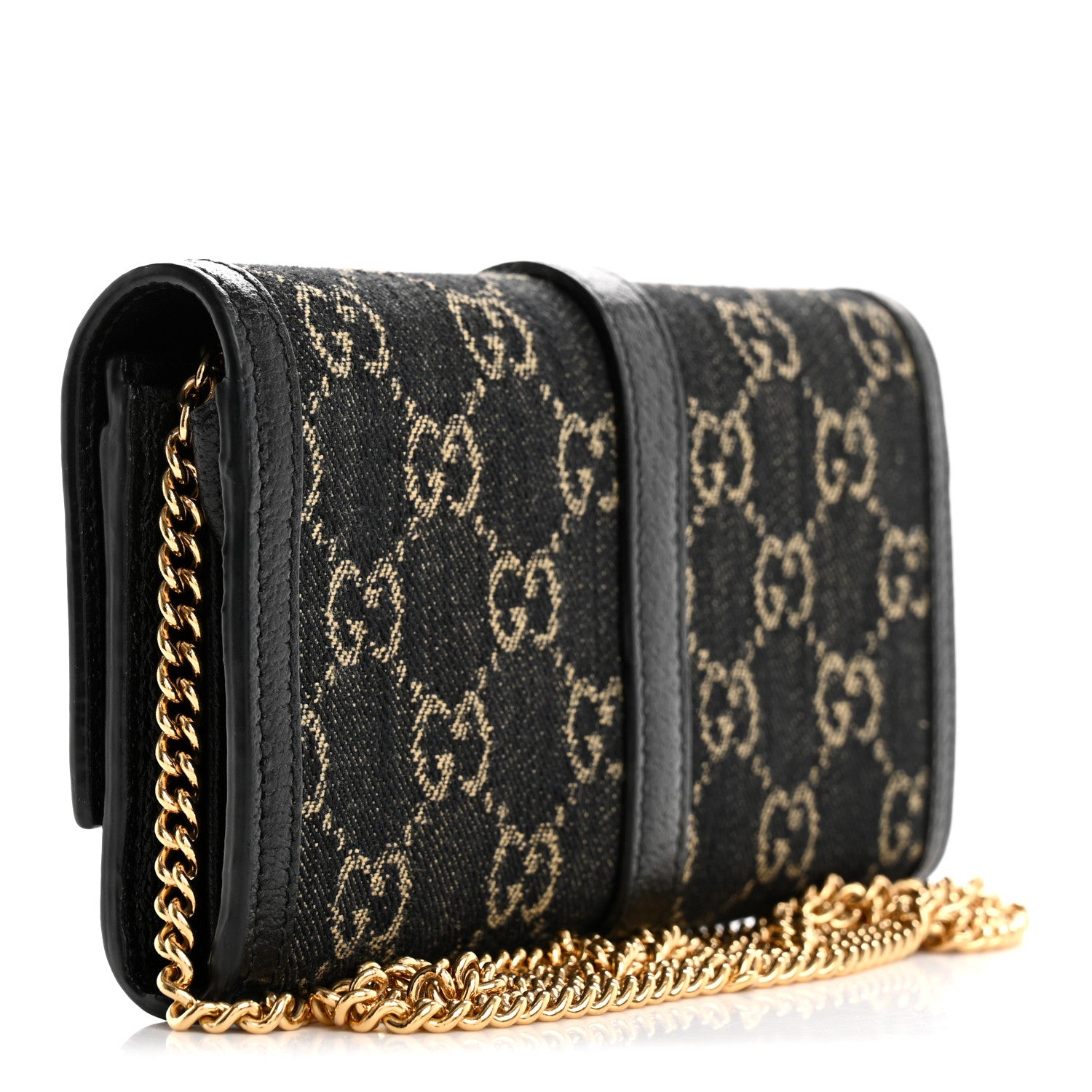 Gucci Jacquard Black Denim GG Monogram Textured Dollar Calfskin Jackie 1961 Chain Wallet Black Ivory 3 of 12