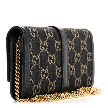 Gucci Jacquard Black Denim GG Monogram Textured Dollar Calfskin Jackie 1961 Chain Wallet Black Ivory 3 of 12