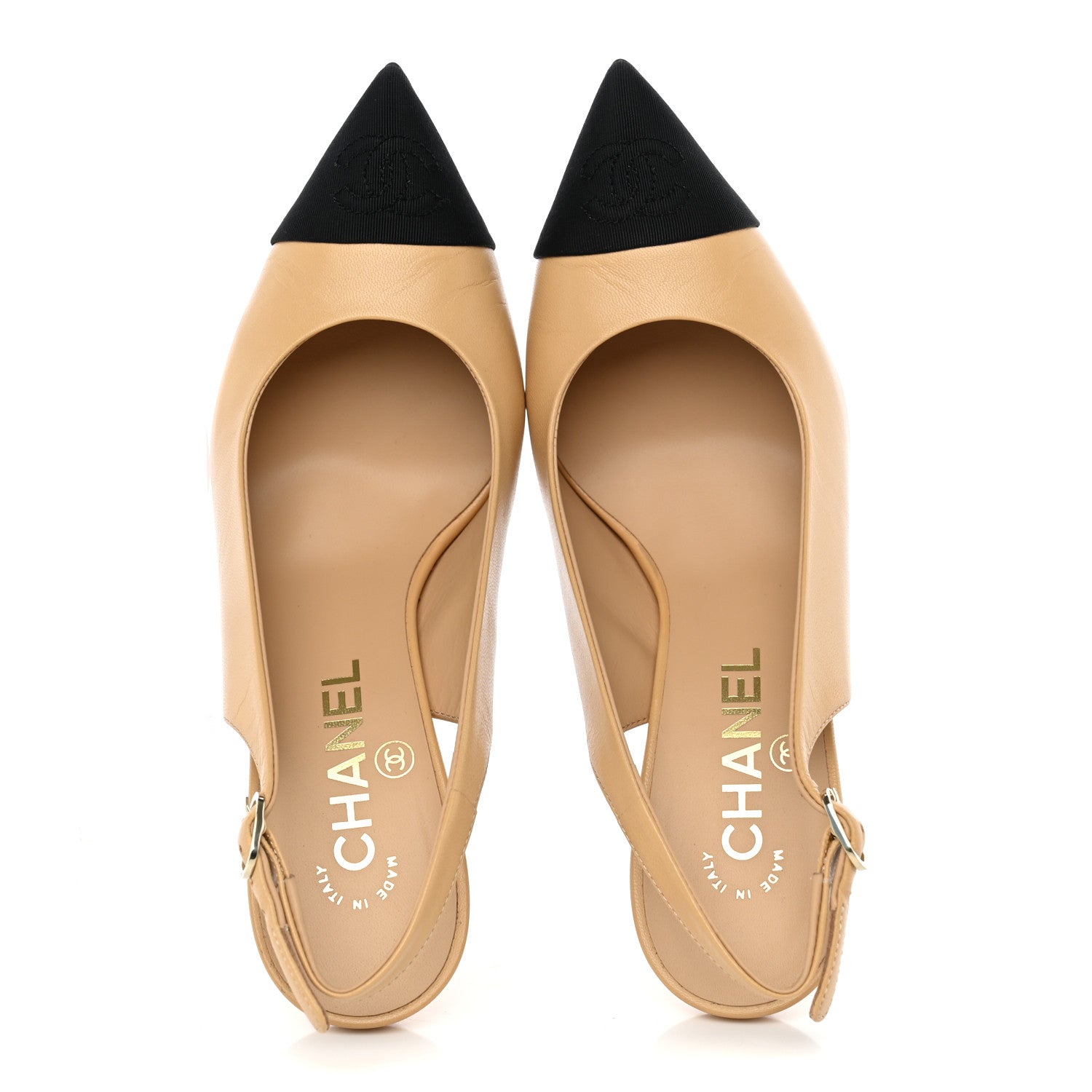 Chanel Goatskin Grosgrain Pointed Cap Toe CC Slingback Pumps 36 Beige Black 4 of 12
