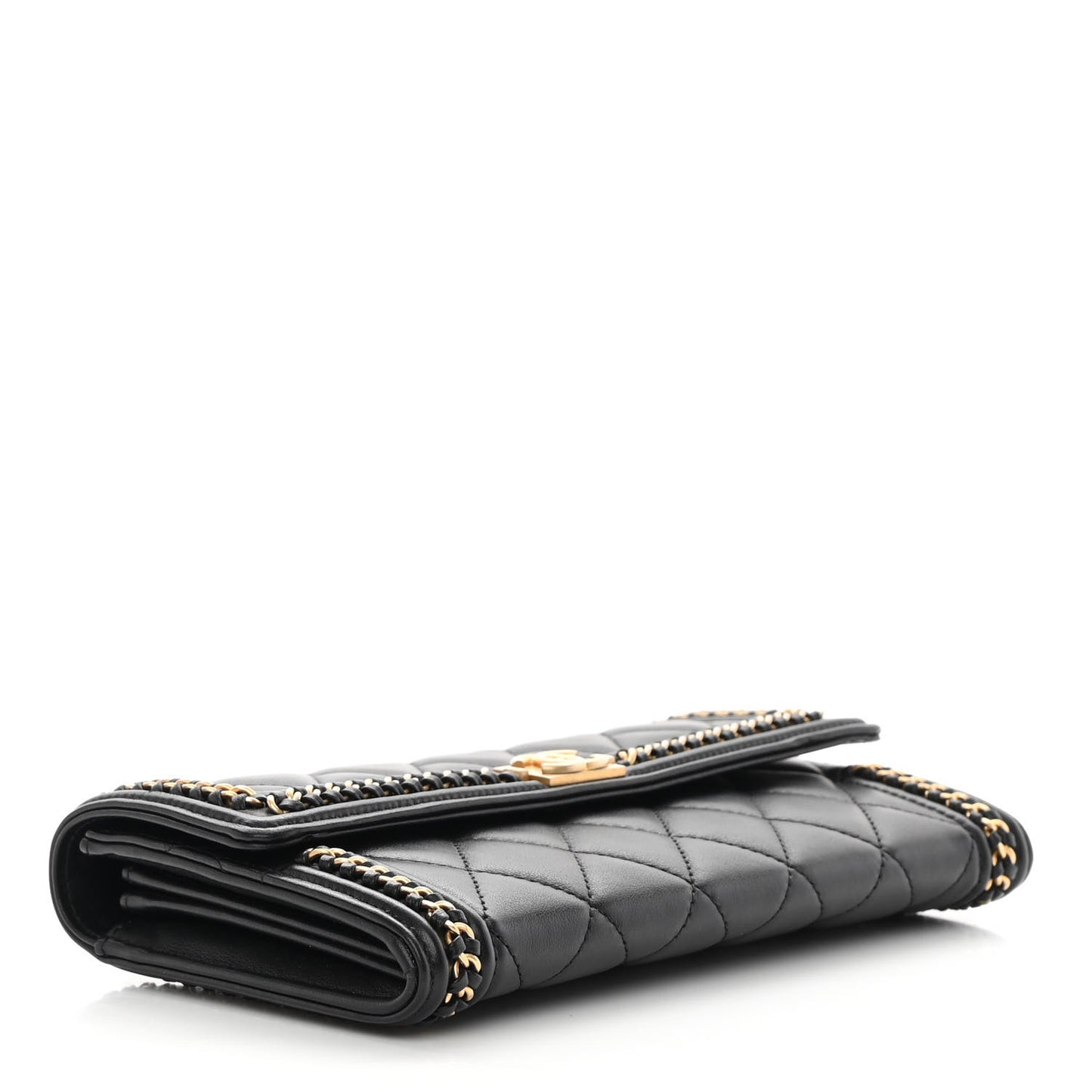 Calfskin Quilted Boy Chain Around Flap Wallet Black